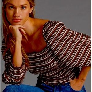 Anthro Smocked Square Neck Top W/ Bell Sleeves